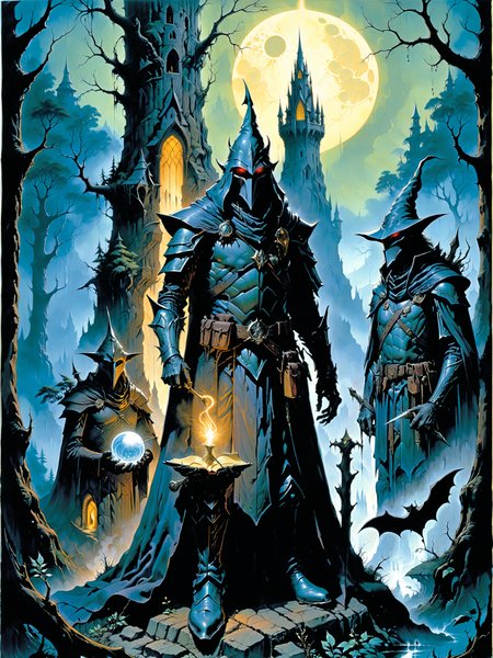<lora:xl_more_art-full-xl:0.6> <lora:add-detail-xl:2.4> <lora:style-dark_novel-xl-by_andreac75:0.6> famous artwork by (wayne barlowe:1.2), in a faraway land of wonder lived (a mage:1.4), he never really embraced intelligence for himself, he couldn't draw a tree while standing in a forest, he couldn't pour water out of a boot if the instructions were on the heel, glowing eyes, dark wizard tower in the background