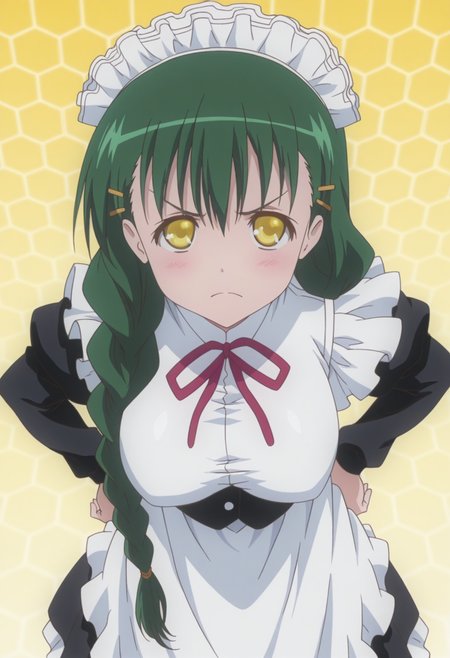 anime screencap, anime coloring, <lora:DX888Sanae:1> shikikagami sanae, yellow eyes, green hair, very long hair, single braid, hair over shoulder BREAK simple background, yellow  background, (honeycomb background:1.2),  BREAK   maid, maid headdress, hairclip, long dress, apron, BREAK    1girl, angry, from above, hand on own hip, looking at viewer,  solo, standing,