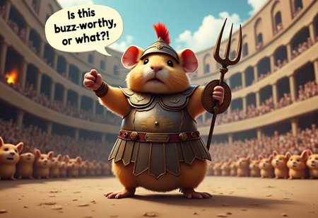 A scrappy, oversized guinea pig stands triumphantly in a grand coliseum, dressed in full gladiator regalia—well, as much as can fit his round, fluffy body. He wears a dented helmet with a little plume on top, comically large chest armor that slips slightly down his front, and tiny armored greaves strapped to his pudgy legs. In one paw, he wields a toy-sized trident, and in the other, a small, round shield emblazoned with a neon buzz emblem.
The guinea pig stands on his hind legs, arms open wide in a dramatic pose, facing the cheering crowd of tiny animals filling the stadium seats. His fur is slightly ruffled, and he has a fierce but slightly cross-eyed expression, adding a comical edge to his grand display.
A speech bubble rises above him, reading:
"Is this buzz-worthy, or what?!"
The whole scene is framed by the vast coliseum walls, torches flickering in the background, as the guinea pig gladiator soaks in the glory of his “battle” for buzz. The combination of epic gladiator style and the adorable but absurd guinea pig warrior makes for a hilariously endearing image.