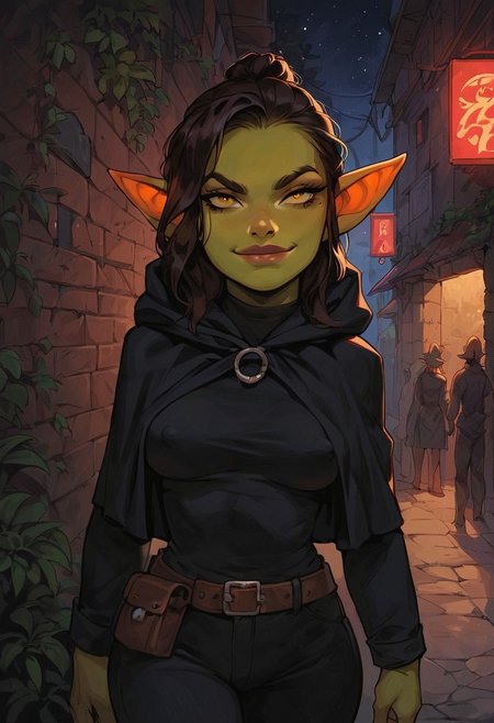 score_9, score_8_up, score_7_up, score_6_up,  brown hair, (big lips:0.6), black cloak, black tunic, black pants, belts, goblin, green skin, medium breasts, nipple peek, outdoors, marketplace, night, starry sky, smirk, closed mouth, detailed, confident, thief, (close up:1.2), g0thicPXL, shortstack, black clothing, black belts, pouches, in alley