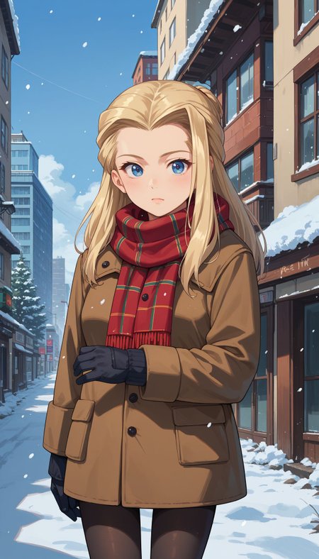 score_9, score_8_up, score_7_up, source_anime, ,
,   <lora:Gup Klara:1> 1girl, blonde hair, long hair, blue eyes, 
, winter clothes, scarf, gloves, black pantyhose, snow, outdoors, city, standing, cowboy shot