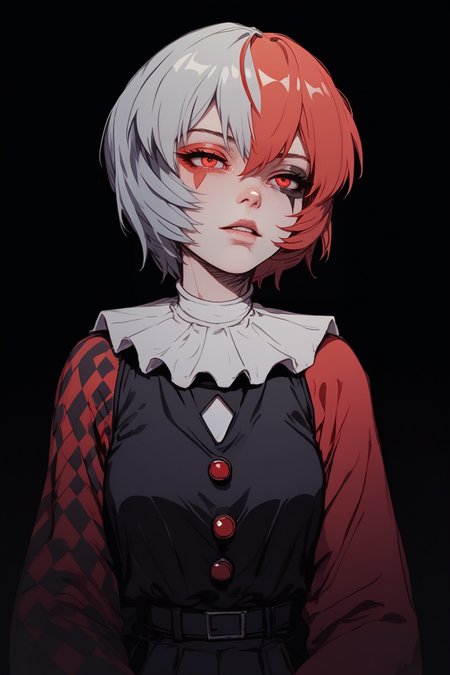 score_9, score_8_up, score_7_up, 
<lora:Muff_PDXL-000000:1>, 1girl, split-color hair, half red half black color hair, two colors rhombic makeup, solo, 
ayanami rei, 1girl, neck ruff, ruffled collar, two colors argyle sleeve, red sleeve, black romper, 
cowboy shot, adult girl, 21 y.o., teen, <lora:Sinozick_Style_XL_Pony:1> sinozick style, dark theme, flat color, black background,