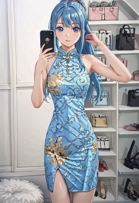image with excellent quality, very detailed image, 1 girl, cute face, solo, blue eyes, detailed pupils, long hair, blue hair, ponytail, bun, (qipao, shiny clothing, satin dress, Chinese dress, light blue dress, printed dress, gold print, Chinese clothing, bare shoulders, leg slit), standing, holding phone, telephone, cell phone, selfie, smartphone, indoors, white bedroom