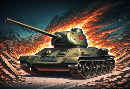 Graphic Design, color art, vibrant colors, colorful, intricate details, high contrast, detailed background, beautiful detailed, newest, new, t3485, no humans, tank, military vehicle, vehicle focus, street, ruins, cinematic lighting, dark, debris, fire, smoke,