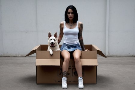  Dark Beauty, imagine a world where there is a box, inside that box is a beautiful woman with black hair with white stripes, pasty white face, tattoos, short tank top, mini-skirt, blue shoes, with a white german sheppard, hd, 4K