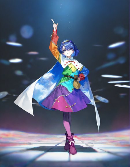 tenkyuu_chimata, 1girl ,rella, quasarcake:0.7, rolua, optical illusion, negative space, saturday_night_fever,blue_hair, breasts, cape, hairband , looking_at_viewer ,multicolored_hairband, pantyhose, purple_eyes ,short_hair ,smile, solo, sweat ,white_cape, disc,  disco,CDs, arm_up , index_finger_raised, outstretched_arm , dance_floor, dancing,wide shot, one hand point to sky one hand point to the ground,hand_on_own_hip,
<lora:illustrious_noobai_epsilon_pred_1_best_quality_v1:0.7> ,<lora:illustrious_noobai_epsilon_pred_1_masterpieces_v1:0.7>, <lora:ponyv4_noob1_2_adamW:0.5>, <lora:add_details_xl:0.7>, <lora:CDs_SDXL:1>,
masterpiece, best quality, amazing quality, very aesthetic, absurdres, newest,