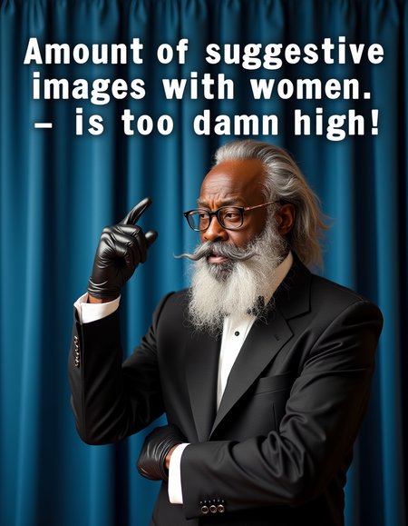 at the top of image floating text "Amount of suggestive images with women" wrtten with huge white letters , at the bottom of image floating text "is too damn high!" wrtten with huge white letters , text is clearly visible , old african black man with gray long hair and fancy mustache and beard wearing glasses and classy suit and black gloves, his right hand is raised, he's irritated , blue curtain as background