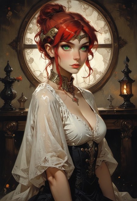 score_9, score_8_up, score_7_up, ((waist-up portrait, kneeling, face focus, eye focus, dynamic angle, motion)), 1girl, fantasy, (ph4nt0m01l), (Tarot Card Style), (pyrrha nikos), (red hair, green eyes), greek armor, breathless intimacy, tanned skin, petite model bombshell, heart, young, delicate features, narrow pointy nose, tiny nose, brown hair, medium length hair, bob cut, lust, big eyes, seductive eyes, blue eyes, detailed skin, flared lashes, mascara, makeup, perky medium breasts, athletic body, narrow waist, skinny hips,
warm light, detailed, neon dark party, candles, ((occult))
 BREAK
milky way, runes, arcane, astral, surreal, ethereal glow, masterpiece, best quality, intricate design. colorful, moonlit nightsky, stained glass aesthetic, moody whimsical color palette, murano glass, bold soldering lines, volumetric light shining through, crepuscular rays, intricate craftsmanship, detailed texture, luminous transparency, reflective light play, vivid hues, atmospheric depth, enchanting silhouette, art nouveau,
