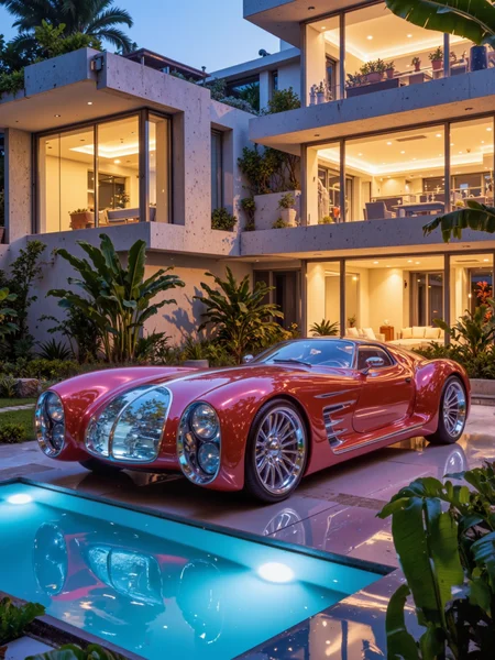 hyper-realistic, photo-realistic, 8k, 4k, science fiction, perfect reflections, cinematic, a vibrant, highly detailed, high-resolution photograph capturing a striking, futuristic car, prominently displayed in the foreground. the car is a metallic red with elegant, aerodynamic lines and polished chrome highlights. it features a long, curved hood and a rounded roof, emphasizing its futuristic aesthetic. the car has a transparent grille allowing the view of the fusion reactor, powering it, the car's chrome details and polished finish reflect the ambient light, adding to its eye-catching appearance. the setting is a modern, luxurious multi-story mansion at dusk, showcasing floor-to-ceiling windows that illuminate its interior with warm, ambient lighting. the structure features clean, white lines and a minimalist design. the background includes lush greenery, including palm and banana trees and other tropical plants, as well as a few potted plants, adding a touch of exotic nature. the background is slightly blurred, emphasizing the depth of field. the sky is transitioning from twilight to night, with a soft blue hue. the camera angle is slightly low, capturing the car from a front-left perspective, emphasizing its length and elegance. the foreground features a smooth, reflective white marble stone pathway, adding to the luxurious ambience. the composition follows the rule of thirds, with the car prominently placed in the lower third of the frame, <lora:futucars-flux-by_ciro_negrogni:1.0> <lora:style-blade_runner_1982-flux-by_ciro_negrogni:0.48>