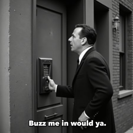 a 1950s black and white photo of a man standing at the door of an apartment building in New York city talking to the intercom. There is a white subtitle text at the bottom that reads "Buzz me in would ya."