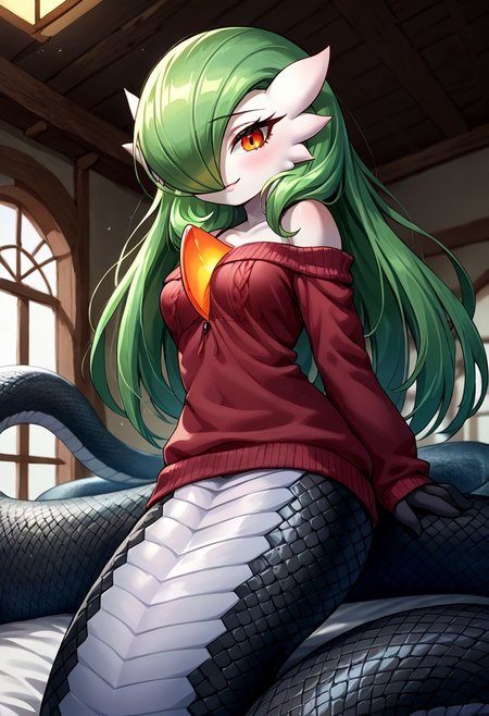 (((gardevoir))), female, anthro, porcelain white skin, score_9, score_8_up, score_7_up, score_6_up,source_anime, BREAK,
1girl, solo, Gardevoir, ,green hair, dark eyes, ((lamia, Black scales)), long hair, Bangs, make up, young, (pale skin), white scales,   make up, smug,  perfect, Lam1a, scales, snake tail, lamia,  slit pupils,  indoor, long off-shoulder sweater, sn4ke