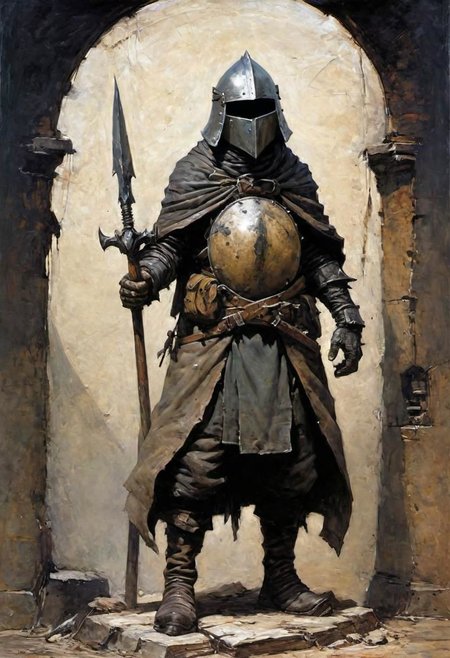 videogame art of (ragged, human barbarian, brigand, holding a iron mace,  wearing leather tunic, metal plates and cloth shaped helmet, sewn together), by Jean-Baptiste Monge and Nicola Samori, praetorian, warhammer, gothic, legion