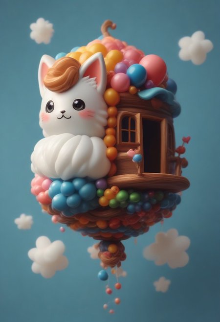 score_9, score_8_up, score_7_up, cute fluffy cat ballon made of Latex, wooden house floating in the sky carried by a giant  cute fluffy cat ballon made of Latex,