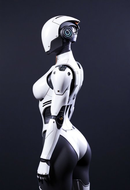 A sleek futuristic scene, a female robot in a form-fitting white armored suit with black accents, she is exuding a sense of strength and unity, against a plain light-colored background, <lora:DetailMaximizer:1>, <lora:MJ52:0.4>, <lora:MJ52_v2.0:1>, <lora:CinematicStyle_v1:1>, <lora:zavy-cntrst-sdxl:0.5>