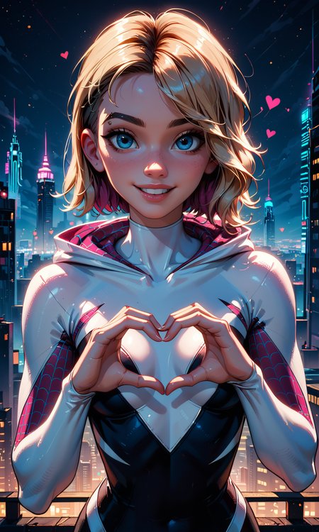4n1v3rs3, score_9, score_8_up, score_7_up,
 highly detailed, complex composition, Gwen Stacy, dynamic lighting,   intricate textures, high-contrast lighting, whimsical and modern aesthetic, spider-gwen suit, bokeh, cityscape, neon lights, 
heart hands, deep skin, smile, parted lips