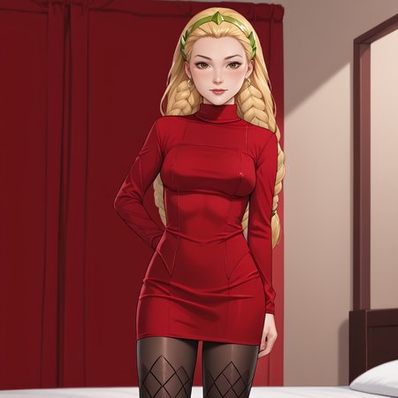 <lora:enchantresssylvie_pony_v1:.8>  Enchantress, 1girl, , long hair, braid, medium breasts, blonde hair,  twin braids, cowboy shot,  <lora:0965 Home wear 12_v1_pony:1> ruanyi0965,red dress,short dress,black pantyhose,argyle legwear,turtleneck,dress lift,bottomless,long sleeves