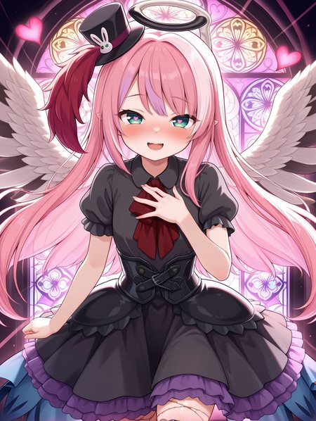 angel,ghostrick angel of mischief,1girl,solo,stitched heart,blush,open mouth,smile,heart-shaped pupils,looking at viewer,black layered dress,red ascot,black corset,black mini top hat,orb,light rays,veins,hand on own chest, stained glass print
masterpiece,best quality,amazing quality,very aesthetic,absurdres,newest,<lora:Ghostrick Angel of Mischief illusXL v1:0.7>,