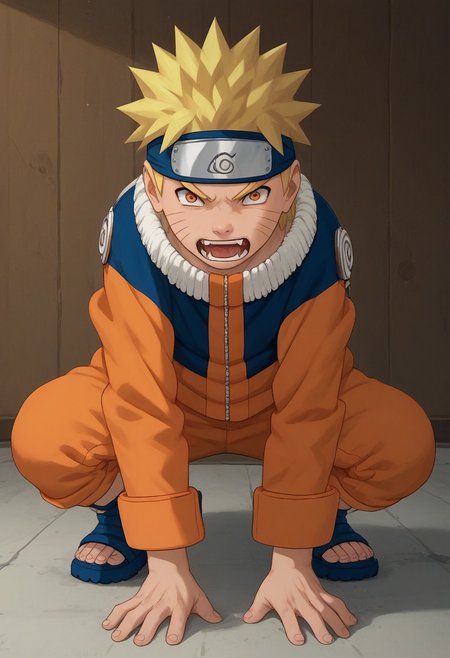 score_9, score_8_up, score_7_up, highly detailed, cute boy, 1boy, solo, male focus, uzumaki naruto, 1boy, blonde hair, spiked hair, orange eyes, whisker markings, facial mark, forehead protector, angry, orange aura, clawed hands, fangs, feral, saliva, crouching, on all fours