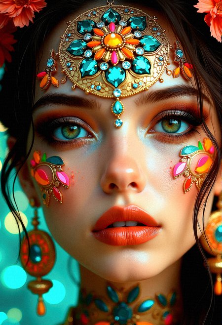 Imagine a surreal close-up of a woman whose face is an elaborate canvas of vivid colors and intricate patterns. At the center of her forehead is a large mandala, woven with floral motifs and encrusted with multicolored gemstones that shine softly under the lights. Her eyes, a deep green, are accentuated with bold makeup that mirrors the colors of the mandala, blending harmoniously with the facial art extending across her cheeks and neck. Her lips are a lustrous copper shade, providing a warm, earthy contrast. She wears large earrings that match the mandala’s pattern, filled with details and sparkling gemstones. The background is a blurred bokeh of golden and teal lights, enhancing the photorealistic detail of the facial art and capturing the ethereal aura of the scene. The close-up captures every fine element—from the glow of the gemstones to the shadows within the patterns—creating a captivating visual that feels both magical and tangible.
