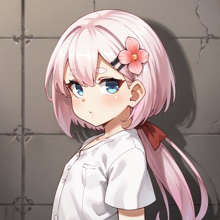 score_9, score_8_up, score_7_up, score_6_up, score_5_up, score_4_up, source_anime, anime screencap, masterpiece, insanely detailed, detailed background, zPDXL3, break, tnsrk612style, Vinum(SP),1girl,solo,blue eyes,thick eyebrows,long hair,low ponytail,white hair,pink hair,hairclip,hair flower,bow,red ribbon,white shirt,short sleeves,flat chested