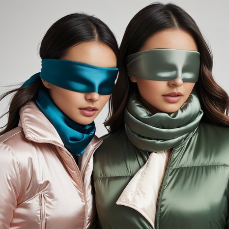 satin_scarf_blindfold, two women, puffer jackets
 <lora:satin_scarf_blindfold:0.3>