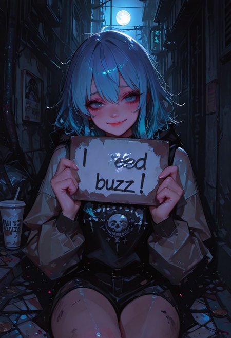 ((1girl)), gorgeous girl, kawaii girl, cute face, masterpiece, best quality, very awa, absurdres, Hochimachi_suisei, hololive, 748cmstyle,  masterpiece, best quality, Good quality, very aesthetic, absurdres, newest,1girl, light rays, moon, cementery, solo, gradient color, need_buzz, holding sign
BREAK
ultra-detailed, 8K, illustration, CG, ultra-detailed-eyes, detailed background, ambient occlusion, raytracing, soft lighting, absolutely eye-catching, intricate cinematic background, (beautiful face) , eyelashes, looking seductive, coy, direct mesmerizing gace, cheeky smile, erotic, , dynamic action image, detailed face, detailed  eyes
BREAK
(depressed, gloomy, dead inside),
BREAK
dirty city, sitting sidewalk, night, Old crumpled bills and coins in a cup, gloomy expression, dead inside, sad, exhausted eyes, messy hair, worn out costume, abandoned city atmosphere, trash on the streets, cracked pavement, neon lights reflecting on wet ground, cinematic lighting, dark color palette, dramatic, emotional scene, need_buzz, holding sign