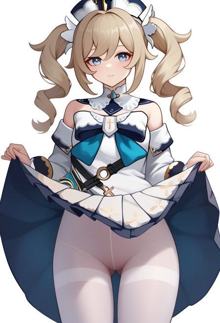 score_9,score_8_up,score_7_up,<lora:barbara_pony:1>,book_holster, absurdres, lifted_by_self, white_pantyhose, barbara_\(genshin_impact\), 1girl, bowtie, standing, twin_drills, solo, highres, long_sleeves, looking_at_viewer, white_dress, hat, bare_shoulders, ass_visible_through_thighs, skirt_lift