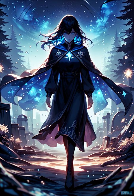 score_9, score_8_up, score_7_up, score_6_up, score_5_up, score_4_up, realistic, concept art
BREAK outside, night, stars, glitter, sparkles, mist, dramatic lighting, action shot
BREAK nyx, goddess of the night, glowing blue eyes, ethereal hair, long flowing hair, dress, cape, wind
<lora:Nyx-GoddessOfTheNight_ponyXL_v10:1> <lora:Guweiz_ponyXL_v10:0.6>