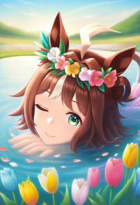 (umamusume, rhein_kraft_(umamusume), horse_ears, horse_girl, tail, 1girl, ahoge, animal_ears,)
casual, Tulip,Tulip flower, Tulip flower_field, 
head_wreath, looking_at_viewer,  solo, aesthetic, absurdres, symmetric , , g0ldsw0rthy,
(realistic, photo,  artistic, medium_hair, one_eye_closed, petals, relaxing, smile, spiralling vortex made of multicoloured tulips, lush foliage sunrise,  ripples, reflective, jaynl-tm, rainbow,green_eyes, hair_between_eyes, hair_ornament,  : 0.7)