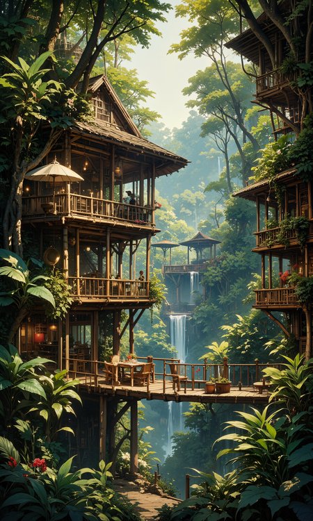 Breathtaking bamboo shells nestled within dense tropical foliage, intricately woven canopy paths, vibrant orchids and ferns, immersive 360-degree views, serene waterfall accents, cascading green walls, suspended decks with panoramic jungle vistas, harmonious interaction between structure and nature, natural timber tones, sunlight filtering through lush leaves, masterpiece, 8k, organic materials, open-air living areas, environmentally conscious architecture, biophilic design, seamless indoor-outdoor transition, atmospheric morning mist, dynamic jungle ecosystem, richly detailed textures <lora:NeonFantasyPrimeFLUX-000049:0.4> <lora:FluxMythG0thicL1nes:1.0> <lora:Comic book V2:0.8> <lora:flux_dev:1>
