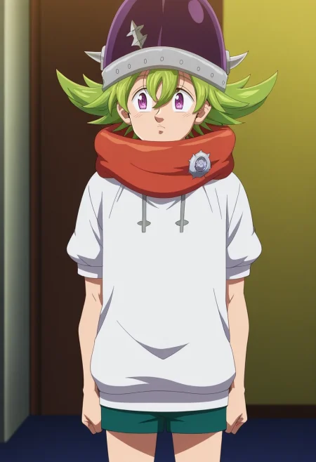 masterpiece, best quality, anime screencap, official style, anime coloring, cowboy shot, 1boy, solo, male focus, <lora:percival_nnt_mny_ilxl:0.98>, percival_nnt_mny, green hair, purple eyes, spiked hair, hair between eyes, bangs, , , , bobble hat