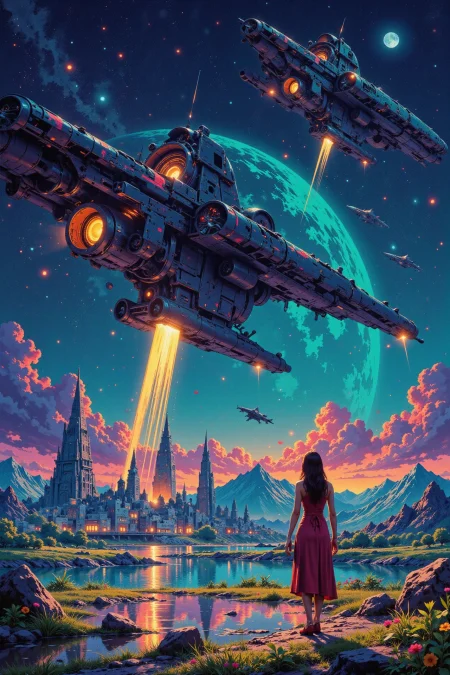 galactic spaceport with spaceships landing beautiful landscape, rainy day, woman, very intricate, very detailed, sharp, bright, colorful, <lora:Hand v2:0.5> <lora:Anti-Blur:1><lora:Insane Detail Slider:0.25>  <lora:flux.1_lora_flyway_Epic-detail_v2:0.3> <lora:fluxenhancer:0.25> <lora:ROWER:0.6> <lora:flux-charmer-v1-1:0.4> <lora:Vibrantly_Sharp_style_v.5:0.4> <lora:Flux_Anime_Retro_Style:0.8> retroanime