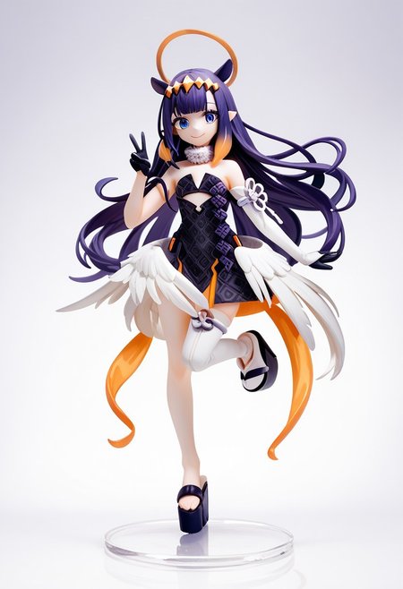 source_anime, score_9, score_8_up, score_7_up,
gradient background, 
full body, smile, hand up, v,
<lora:ninomae_inanis_pony_v1ep08a03:1>
inaDefault, long hair, purple hair, tentacle hair, center-flap bangs, headpiece, halo, pointy ears, blue eyes, mole under eye, [[low wings]], 
fur-trimmed collar, bare shoulders, strapless dress, cutout above navel, detached sleeves, asymmetrical sleeves, half gloves, black gloves, asymmetrical legwear, single thighhigh, platform footwear,