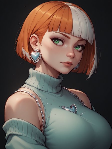 score_9, score_8_up, score_7_up, score_6_up, high quality, high contrast, 1girl, supermodel, portrait, orange hair, short hair, blunt bangs, white highlights, green eyes, large breasts, (white thick knit sweater), rhinestone heart earrings, <lora:rhinestone_heart_earrings_mabusius_pony_v1.1:0.75>, dark background