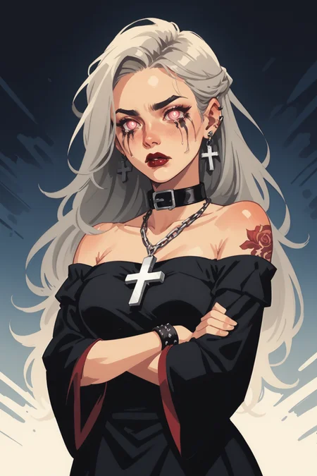 1girl, jewelry, tattoo, solo, cross, earrings, long hair, looking at viewer, arm tattoo, collar, necklace, bare shoulders, off shoulder, parted  upper body, cross earrings, off-shoulder shirt, chain, pink eyes, cross necklace, shoulder tattoo, runny makeup, red  inverted cross, shirt, wide-eyed, makeup, black shirt, white hair, crossed arms, latin cross eyelashes, tears, flower tattoo, dress, red eyes, choker, breasts, parted bangs, black dress, neck tattoo, symbol-shaped pupils, goth fashion, lipstick, blonde hair, crying with eyes open, bracelet, long eyelashes, long sleeves, grey hair, belt collar, crying, black collar, forehead, mascara, wide sleeves, scar, off-shoulder dress, scar across eye, wristband, pale skin, hand tattoo, glowing eyes, teeth, eyeshadow, medium breasts, collarbone, sanpaku, ear piercing, piercing,, zPDXL3,  PnyCmicXLPOS, detailxl,  (lineless, vector art:1.5)