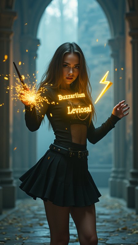 A 21-year-old student from Hogwarts with thick black eyelashes, dark eyeliner, and smoky eyeshadow. Her hair has streaks of neon that glow in contrast to her natural brown locks, creating an ethereal aura. Dressed in a modified Hogwarts uniform with a short skirt, fishnet stockings, and a hint of cleavage, she stands confidently in the misty halls of the castle. With a playful yet determined expression, she waves her wand, casting a spell with the words “Buzzarrium Leviosa!” in glowing yellow letters that spiral around her. A bright yellow lightning bolt symbol, the mark of Buzz, crackles in the air as it materializes. The ambient fog swirls around her, catching the light of her glowing eyes and hair, adding a sense of mystery and enchantment to the scene. The surroundings shimmer with the magical energy of her spell, illuminating the ancient stone walls of Hogwarts, 