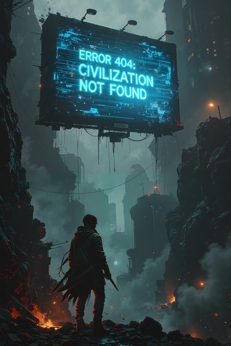 At the edge of a crumbling, floating city suspended over an abyss of swirling mist, a rogue with a cybernetic eye glares at a holographic billboard crackling with interference. The sign hovers just above the cityâs last standing bridge, its glitching blue text flashing "Error 404: Civilization Not Found". The rogueâs tattered coat flutters in the high-altitude winds, the neon glow from the sign reflecting off the twin daggers strapped to their back. Beyond the bridge, jagged skyscrapers hover in midair, held aloft by flickering anti-gravity fields that pulse like dying stars. The rogueâs augmented eye scans the message, decoding hidden symbols buried beneath layers of digital corruption. Below, the abyss stretches endlessly, an ocean of shadow where the remnants of fallen buildings drift aimlessly like ghost ships. The wind carries the sound of distant sirens, though no police force has patrolled this dead city in years. The rogue exhales sharply, watching as a single letter in the signâs message shifts and blinksâa subtle but deliberate change, as if someone unseen is rewriting history in real time. , detailed background  Fantastic lighting. Detailed shadows.intricate details, vivid colors, hyper-detailed, ultra-sharp, , , <lora:Luminous_Shadowscape-000016:0.4><lora:black_fantasy_1.0:0.4><lora:Glitchcore_Flux:0.4><lora:- Flux1 - vanta_black_V2.0:0.4>