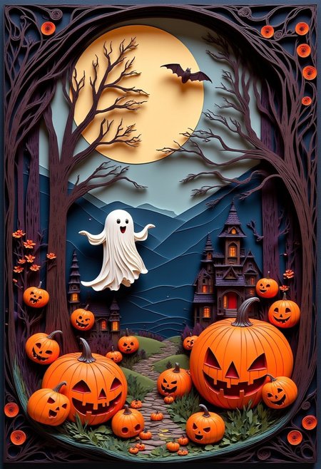 This paper quilling, layered paper piece features a cute ghost and a bat floating and dancing over large grinning jack-o-lanterns in a moonlit forest, with an elegant, serene atmosphere highlighted by the soft glow of the moon, and framed with artistic trees. The paper texture is strong, and color scheme is orange, red, black, purple, navy blue, brown, and dark green.