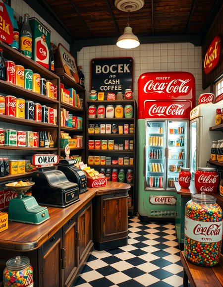 A vintage 1950s grocery store filled with nostalgic details. Wooden shelves neatly stocked with classic canned goods, glass soda bottles, and colorful retro packaging. An old-fashioned cash register sits on the wooden counter, next to a small scale for weighing produce. The checkered black-and-white tile floor adds to the mid-century charm, while hand-painted signs on the walls advertise milk, bread, and coffee in bold, retro fonts. A display of penny candy in glass jars sits near the entrance, and a vintage Coca-Cola refrigerator hums in the background. Soft, warm lighting casts a nostalgic glow over the scene, enhancing the rich textures of wood, glass, and metal, capturing the essence of a bygone era.
<lora:SDXLFaeTastic2400:0.4> <lora:extremely_detailed:0.4> extremely detailed
 <lora:1950s_grocery_st0r3:1>,1950s grocery st0r3, Masterpiece,best quality,hi res,8k,hi res,8k,award winning,(sharp focus, intricate, highly detailed),