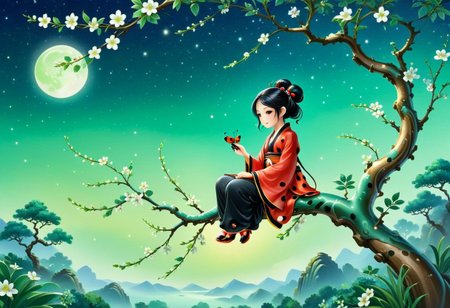 Sinoink, score_9, score_8_up, score_7_up, score_6_up, 1girl, chibi, anthro ladybug, sitting on flowery tree branch , made out ofjade, , fresh, refreshing iridiscent, night sky, magical orchard , bokeh,