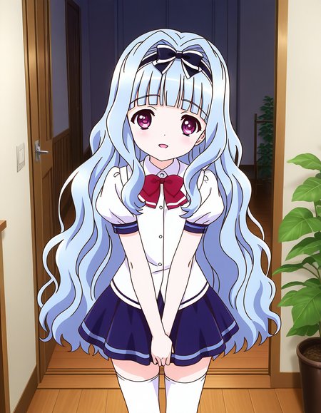 general,highres, ultra-detailed,very aesthetic,best quality ,best hands,  BREAK <lora:Watayuki_BP_IS:1>Watayuki(BP), 1girl,solo, hairband, very long hair, hair bow, purple eyes,  hair intakes, light blue hair, blunt bangs, wavy hair,
thighhighs, school uniform, skirt, white thighhighs, bow, zettai ryouiki, ribbon, blue skirt, light smile, v arms,
short sleeves, shirt, open mouth,  white shirt, puffy sleeves, looking at viewer, miniskirt,
home in the room, flooring, plant,