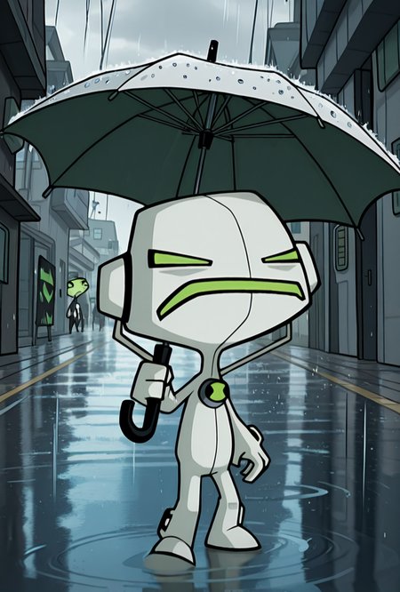 <lora:echoecho-10:1> echoecho, male focus, , no humans, white bodysuit, green eyes, green mouth,   <lora:Invader_Zim_Style:1> invader_zim_style, in the rain, holding umbrella, closed mouth, frown mouth, detailed background, neighborhood, masterpiece, best quality, amazing quality, very aesthetic, absurdres, newest,