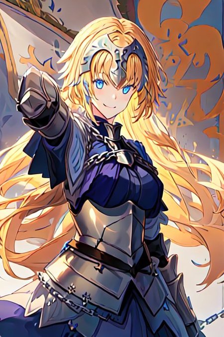 solo, 1girl, solo_focus, 
jeanne_d_arc_fgo, blonde_hair, long_hair, blue_eyes, breasts, very_long_hair, headpiece, smile, braid, gauntlets, single_braid, large_breasts, bangs, chain