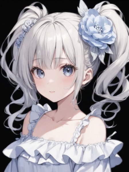 masterpiece,ultra-detailed,best quality,8K,illustration,cute face,clean skin ,shiny hair,girl,ultra-detailed-eyes,simple background, <lora:add-detail-xl:1> <lora:morigami_XL_V1.0:0.7>morigami,hair flower,,curly hair,hair bun,twintail