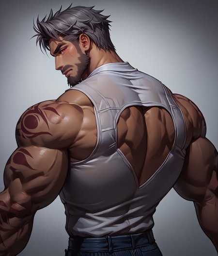 score_9, score_8_up, realistic, rating_questionable, bif, facial hair, beard, white shirt, blue pants, 
<lora:face_Adray_Lasbard:1>, AdrayLasbard, mature male, grey hair, short hair, red eyes, facial hair, mustache, muscular, arm tattoos, back tattoo,
glossy skin, 1 muscular male, handsome, short hair, detailed background, bara,, mature,
<lora:egg_leonard-04:.4><lora:style_Concept Art DarkSide Style LoRA_Pony XL v6:1><lora:slider_skin tone slider_last:-1>,<lora:slider_Body Type_alpha1.0_rank4_noxattn_last:1>