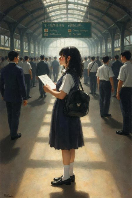 g0ya1 painting
Profile of a high school student in uniform, white socks and black shoes, standing in the middle of a train station, holding two acceptance letters--one for a local college and the other for an overseas university. The station is bustling with people moving in every direction, while she stands still, eyes closed, taking a deep breath as she tries to decide which future to follow  <lora:g0ya1_cap_d6a3:1.0><lora:815797251105572210:0>