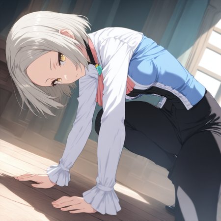 solo,masterpiece,high score,great score,absurdres,<lora:Yukine_Mare ag4o v1:1> yukine_mare, grey hair, short hair, yellow eyes,ascot,frills,long sleeves,pants,