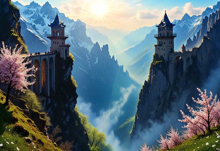 towers ringed in mist, sunrays, mixed media, flux-style, surrealism, fantasy, great lighting, A surreal landscape highly detailed, extremely high-resolution details, appears trapped in an optical illusion of reflections and refractions, colorful, Spring, cherry blossoms in the wind, sweeping vistas, majesty, spring blooms, (Zhangjiajie mountains:1.5),  (vibrant:1.5), (((Paris in contemporary France, baroque architecture, European architecture, German Renaissance towers))), (stone arch bridges:1.05), winding rivers extending to the horizon, professional photography, natural lighting, volumetric lighting maximalist. vivid, vibrant colors, intricately detailed, (psychedelic colors, psychedelic colors:1.15), complex, elegant, expansive, fantastical, film photography style, medium grain, cmnt
 (8k uhd:1,4)
 <lora:add-detail-xl:1>
 <lora:Dynamic Poses:1>