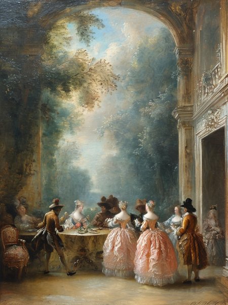 masterpiece,best quality,<lora:tbh124-sdxl:0.7>,indoors,palace,rococo,oil painting,style of Jean-Antoine Watteau,
