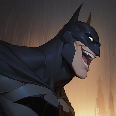 <lora:BATMAN_DCAMU:1> batman_dcamu, solo, smile, open mouth, 1boy, gloves, male focus, black gloves, blurry, blurry background, mask, dark, evil smile, white eyes, armor, detailed background, motion blur, film grain, abstract, natural lighting, fantasy, cinematic, very awa, masterpiece, best quality, absurdres, newest, perfect quality, detailed background, intricate details, (artist:fl \(l-fl\):0.7), (artist:tooboshoo:0.7), (artist:dizdoodz:0.8)
